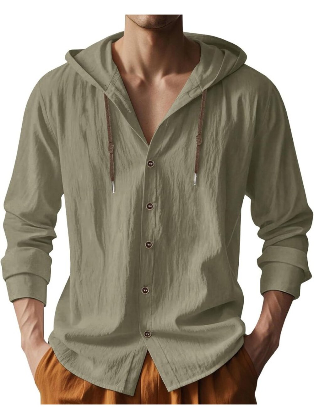 Men's Army Green Cotton Linen Long Sleeve Casual Lightweight Button Down Hoodie